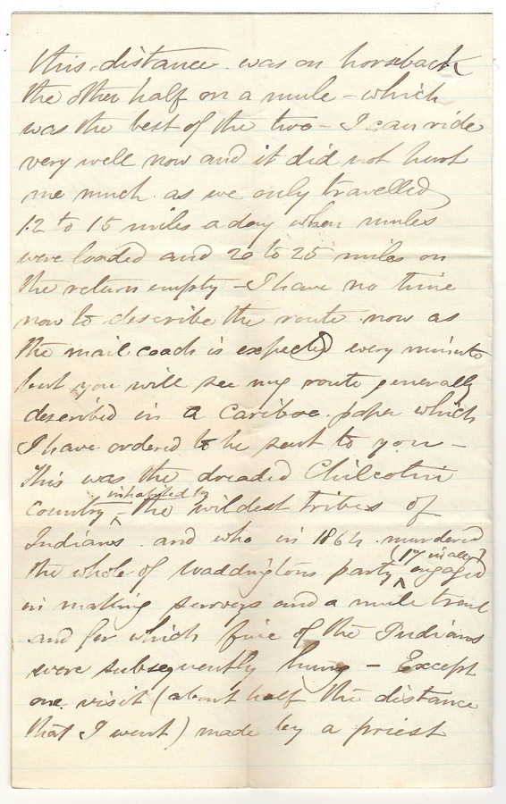 Soda Creek Fraser River, B.C. 2 Sep 1872 Marcus Smith Letter to wife