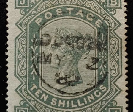 G.B. #74 Fine 1882 CDS Used 10/- Greyish Green, trifle rc