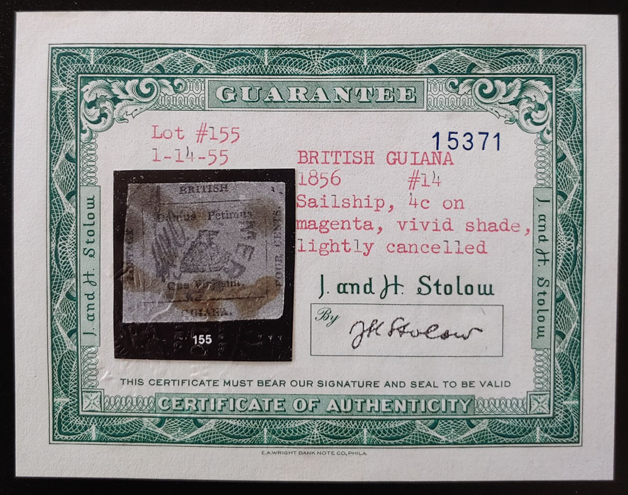 British Guiana #14 VF Used 1856 4c, thin, 1955 Stolow Cert US$25,000