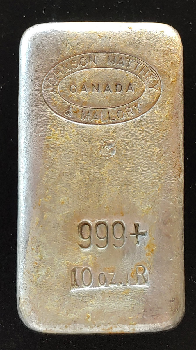 Johnson Matthey & Mallory pure Silver 10 oz poured Bar, tape residue