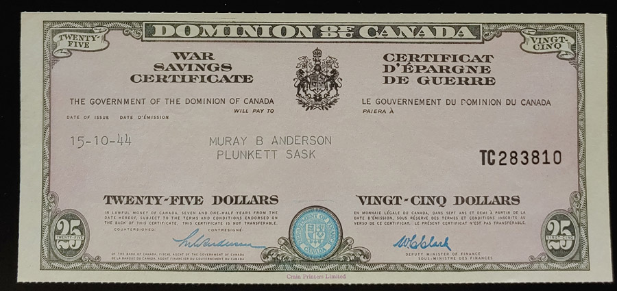 Canada Unc 1944 Crain watermarked $25 War Savings Certificate