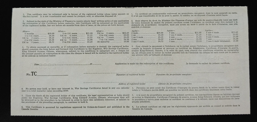 Canada Unc 1944 Crain watermarked $25 War Savings Certificate