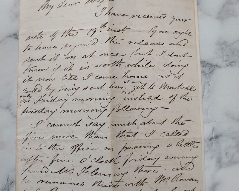 Ottawa 20 Jan 1874 4-pg Marcus Smith letter to his wife about Fire etc