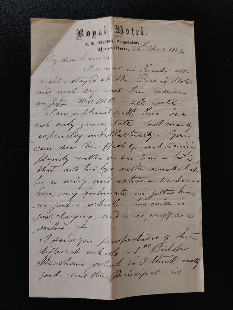 Royal Hotel, Hamilton 26 Apr 1874 4-sided Marcus Smith letter home
