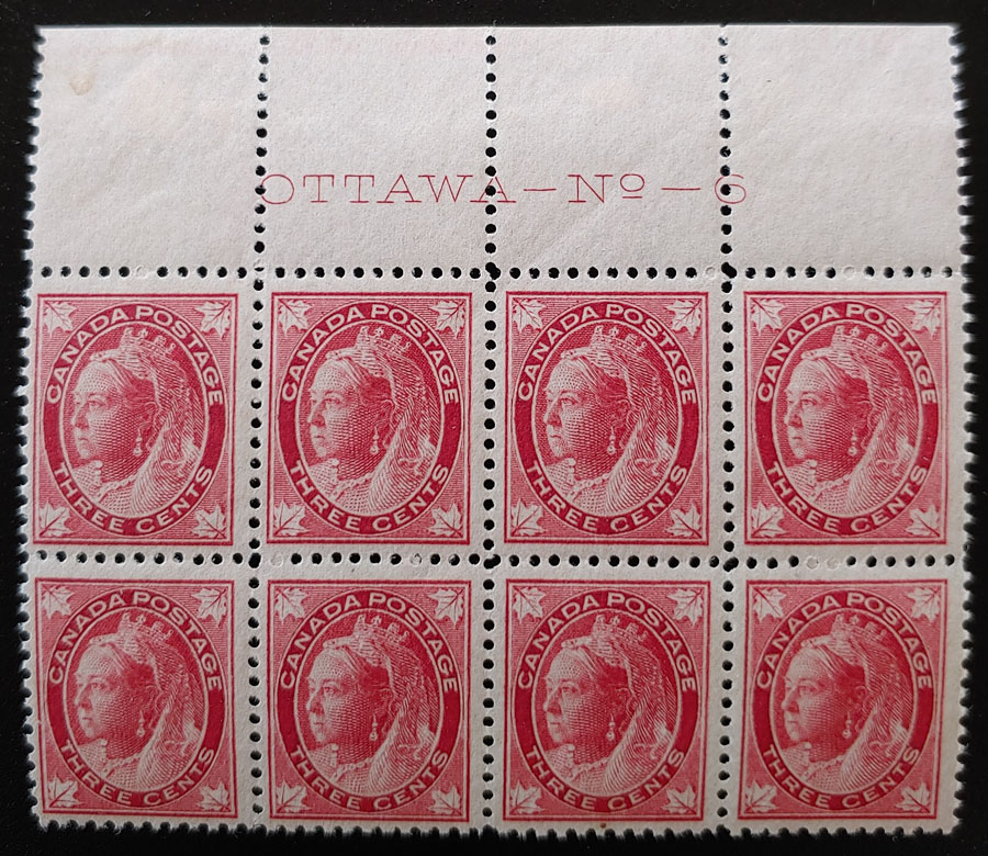 Canada #69 F/VF Never Hinged 1898 1c Imprint Block $2,250. (8)