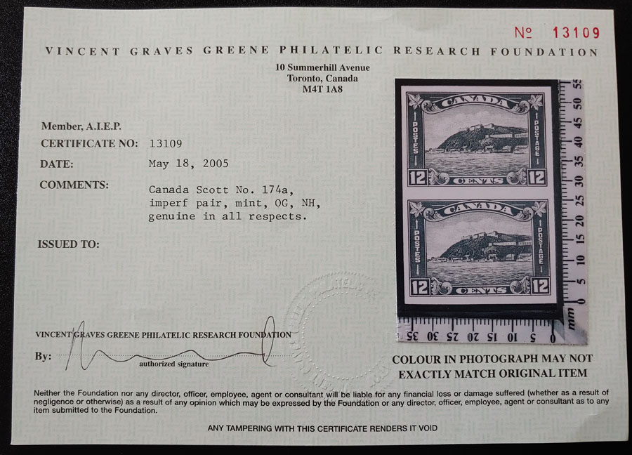 Canada #174a VFNH 1930 12c Quebec Imperforate Pair, glazed gum