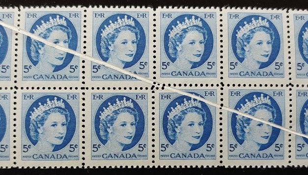 Canada #341 F/VF Never Hinged 1954 5c Pre Printing Crease Block