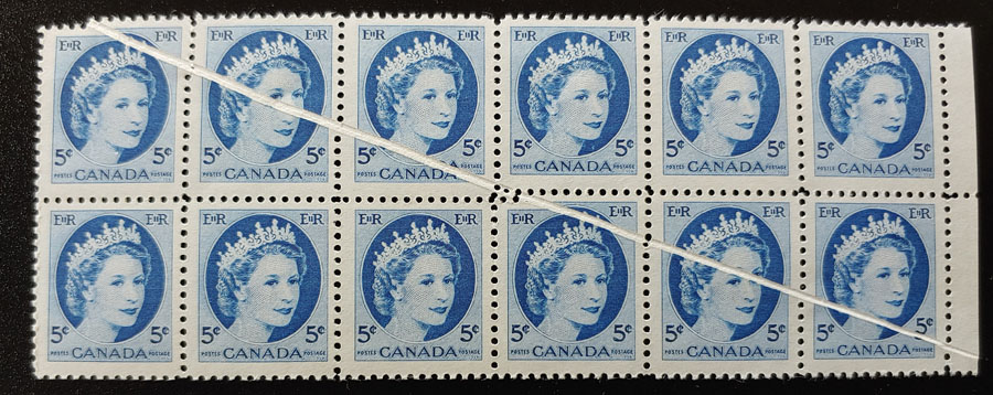 Canada #341 F/VF Never Hinged 1954 5c Pre Printing Crease Block