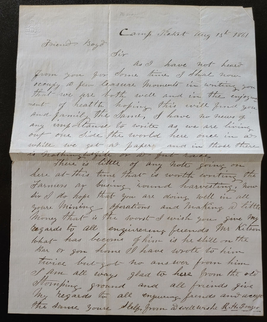 Camp Pickett 1861 1.5 page San Juan Is. letter from R.H. Frazer to Boyd