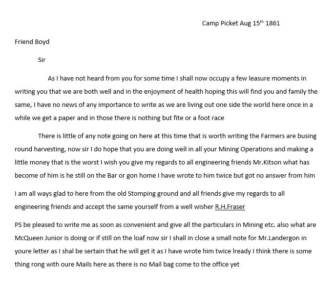 Camp Pickett 1861 1.5 page San Juan Is. letter from R.H. Frazer to Boyd