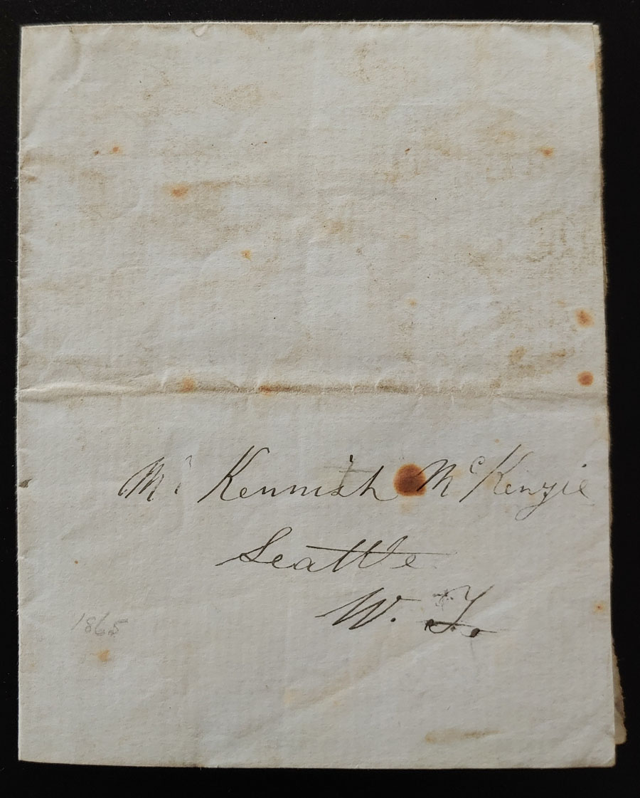 Alexander Mckenzie 1865 Victoria letter to Kenneth Mckenzie, Seattle