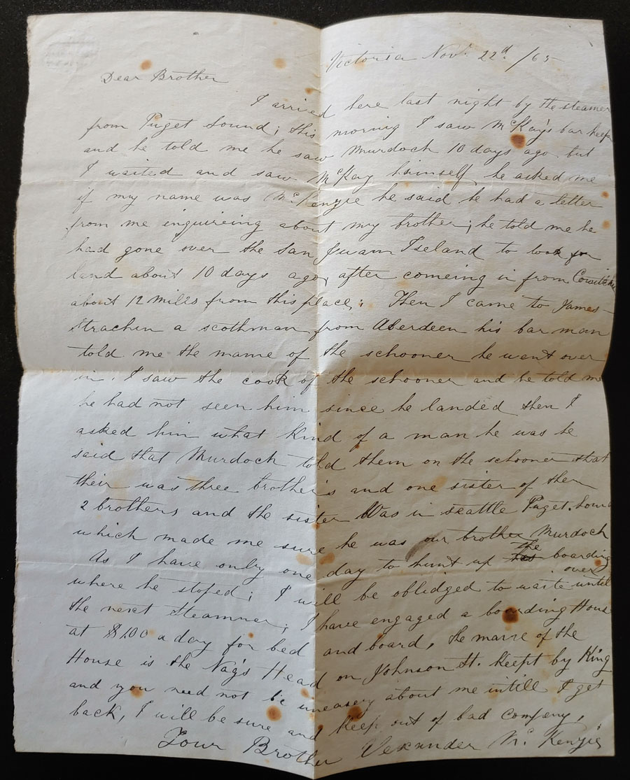 Alexander Mckenzie 1865 Victoria letter to Kenneth Mckenzie, Seattle