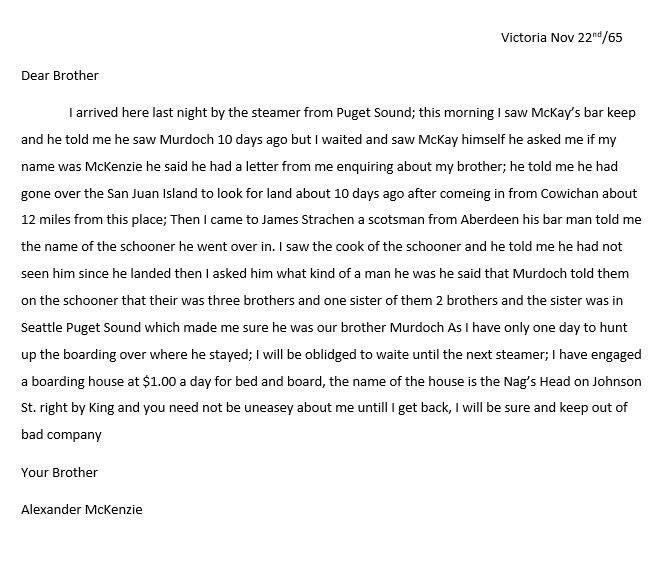 Alexander Mckenzie 1865 Victoria letter to Kenneth Mckenzie, Seattle