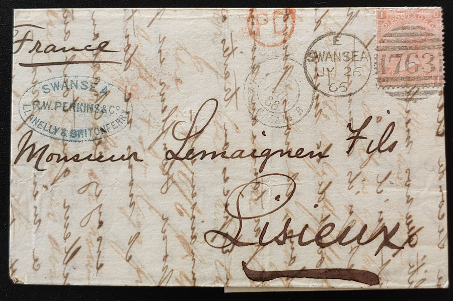 G.B. #43 26 Jy 1865 4d Plate 7 R.W. Perkins F.L.S. to France US$200