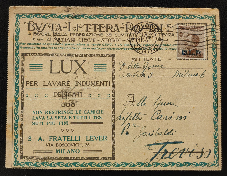 Italy #CB13 40c B.L.P. Overprint on appropriate Milano/Treviso Card