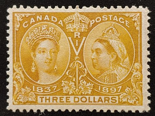 Canada #63 F/VF Unused 1897 $3 Jubilee, faint offset on back