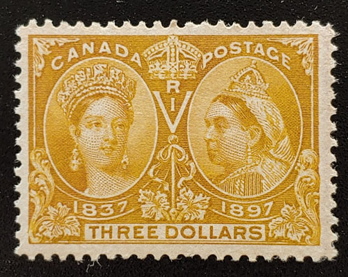 Canada #63 F/VF Unused 1897 $3 Jubilee, faint offset on back $1600