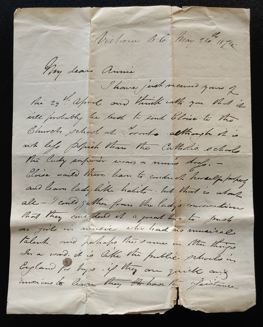 Victoria, B.C. 24 May 1874 Marcus Smith Letter to his wife, faults