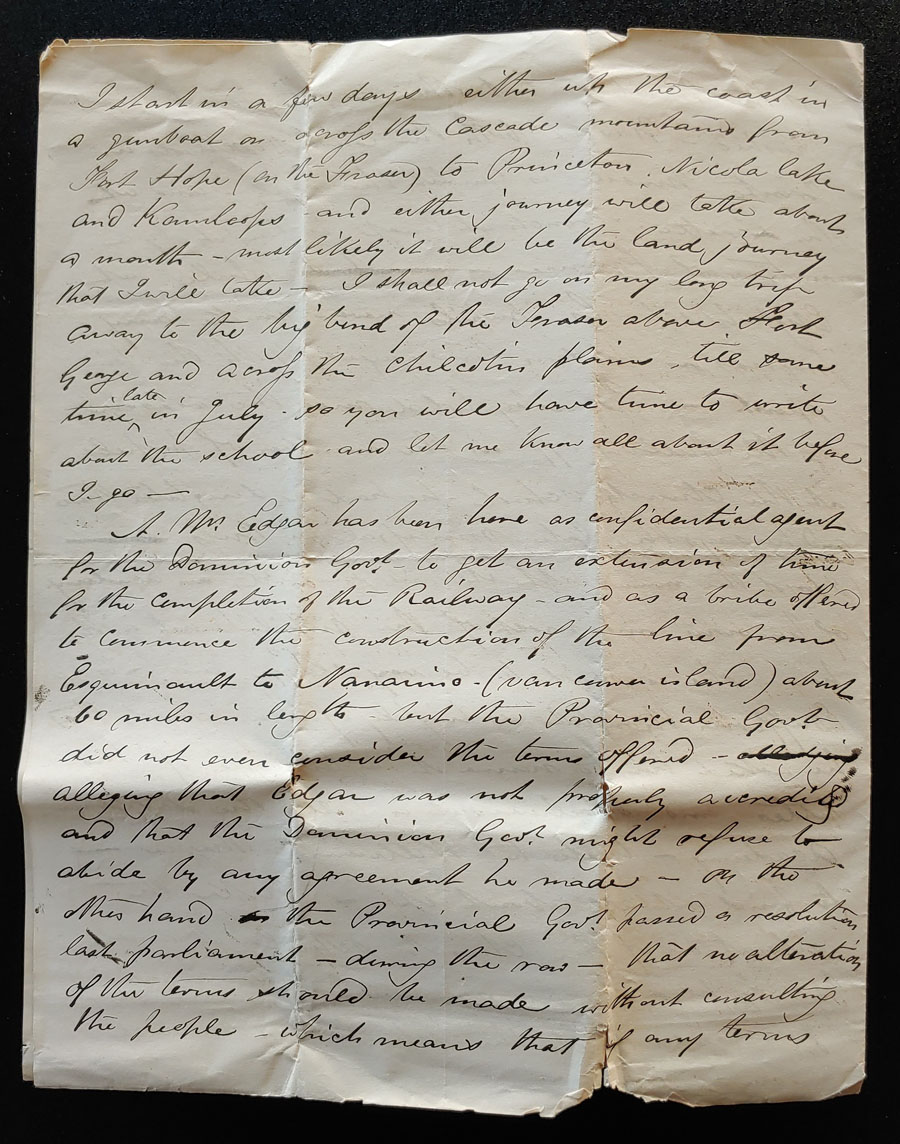 Victoria, B.C. 24 May 1874 Marcus Smith Letter to his wife, faults