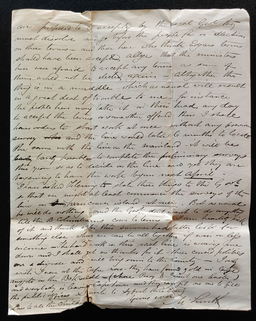 Victoria, B.C. 24 May 1874 Marcus Smith Letter to his wife, faults