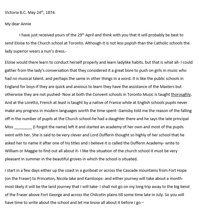 Victoria, B.C. 24 May 1874 Marcus Smith Letter to his wife, faults
