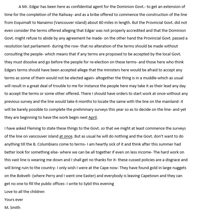 Victoria, B.C. 24 May 1874 Marcus Smith Letter to his wife, faults