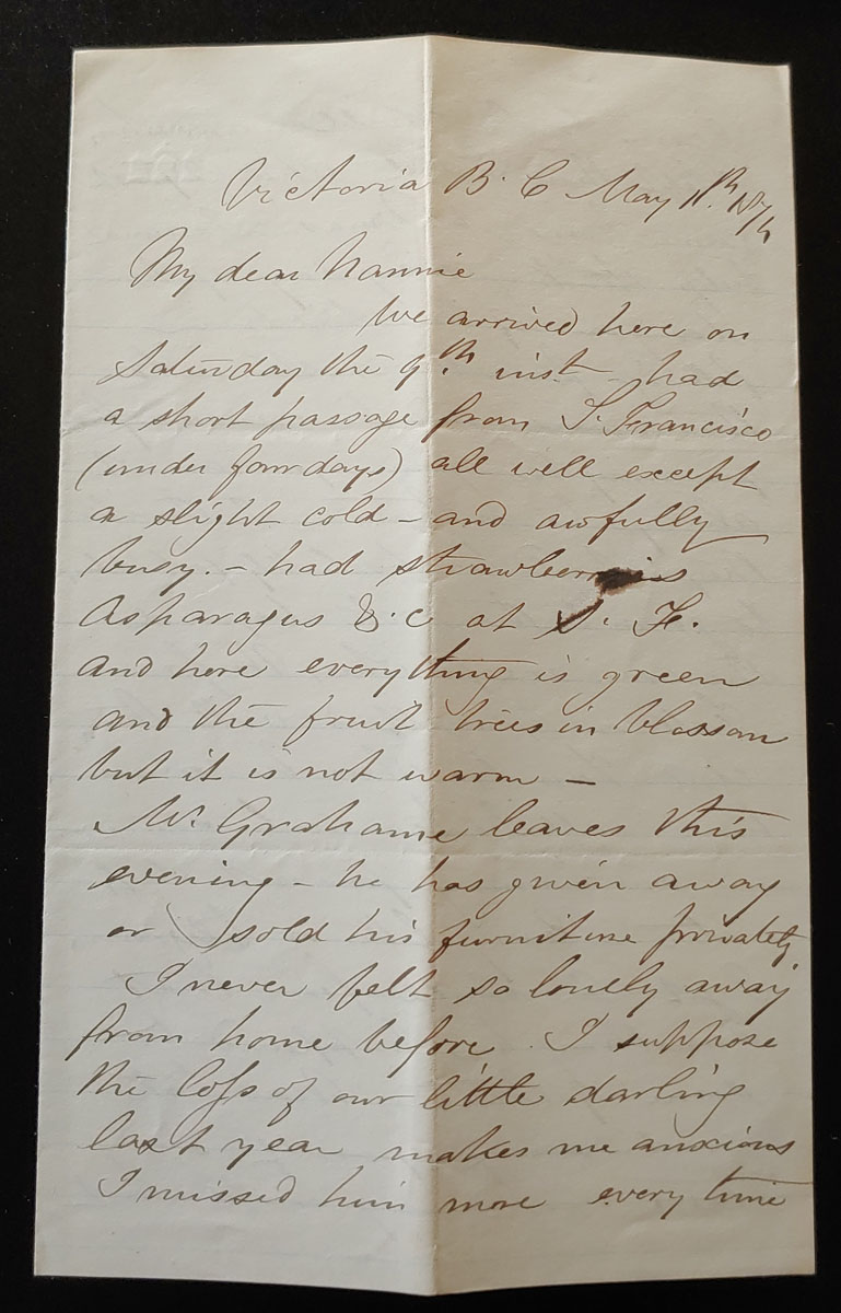 Victoria, B.C. 11 May 1874 2.5 pg Marcus Smith letter to his wife