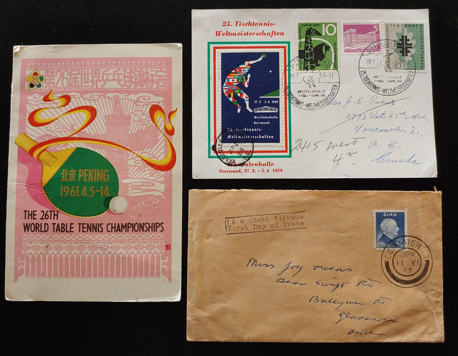 P.R. China etc 1957/61 Table Tennis Card & Cover trio incl Signatures