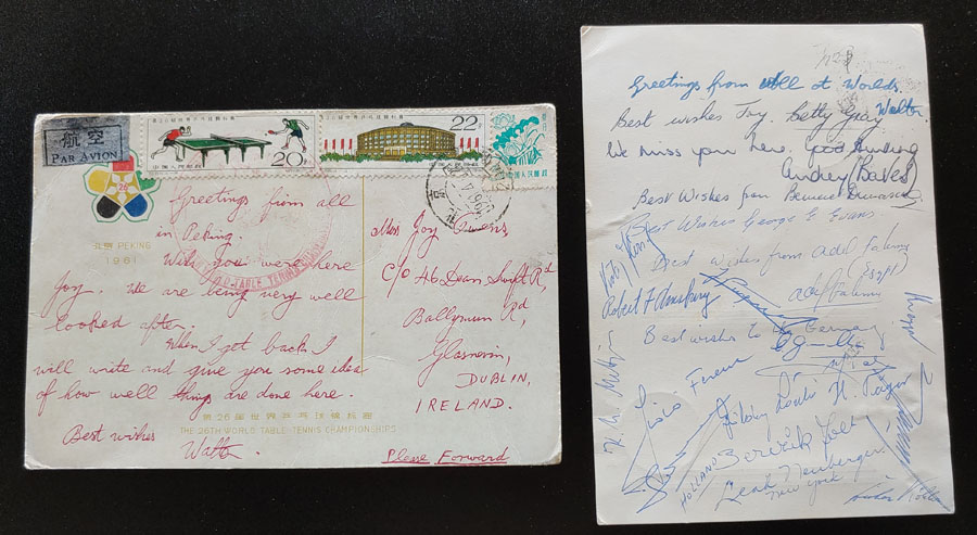 P.R. China etc 1957/61 Table Tennis Card & Cover trio incl Signatures