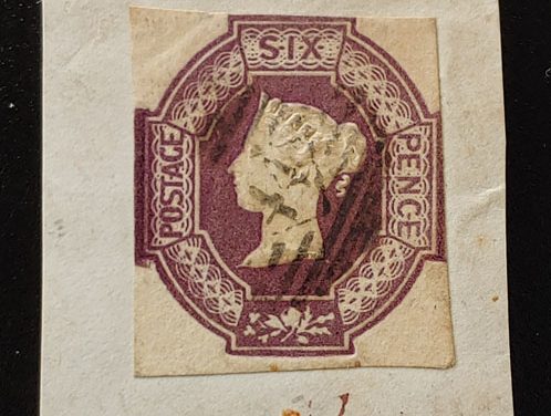 G.B. #7 Fine Used 1854 Embossed 6d on piece