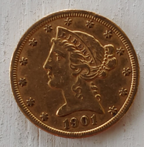 U.S.A./Colonial Canada XF 1901S Gold 5 Dollars .24187oz AGW