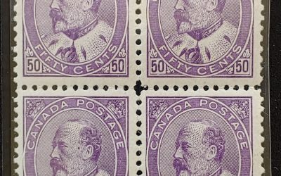 Canada #95 F/VF Mint 1908 50c Edward VII Block, two NH (4)