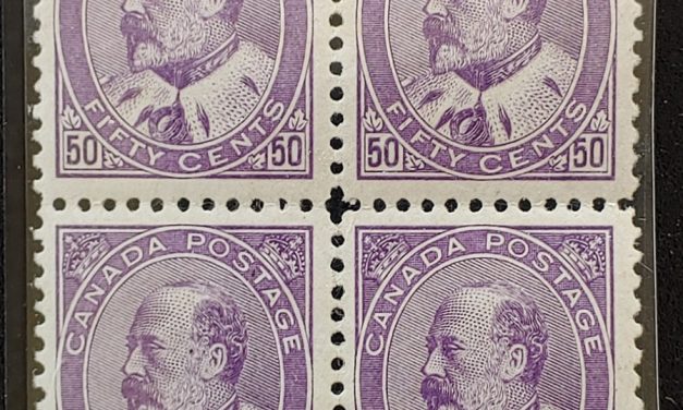 Canada #95 F/VF Mint 1908 50c Edward VII Block, two NH (4)