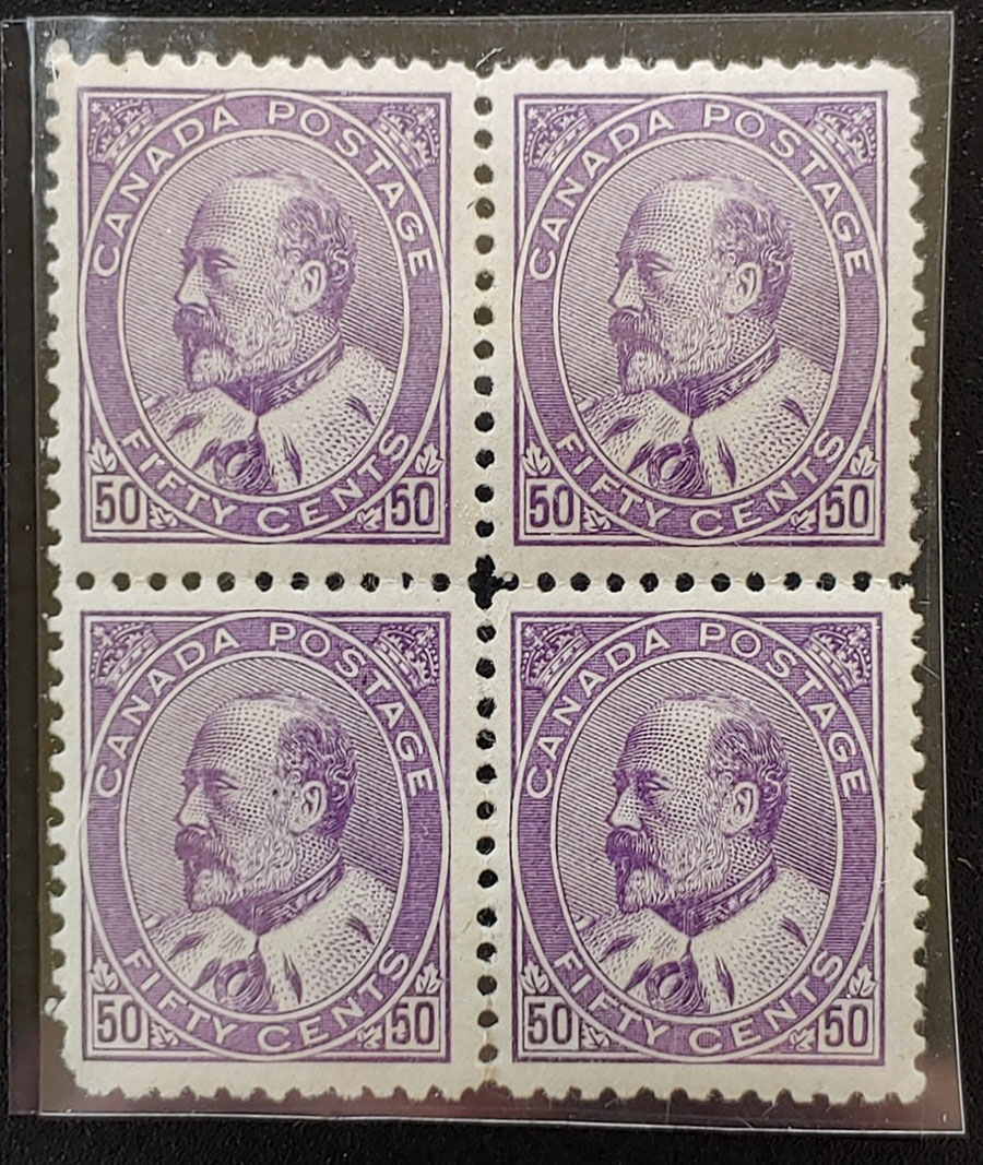 Canada #95 F/VF Mint 1908 50c Edward VII Block, two NH $8050 (4)