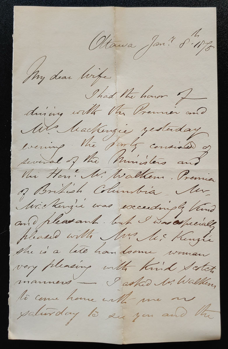 Ottawa Jan 8, 1875 Marcus Smith 2.5 page letter to his wife