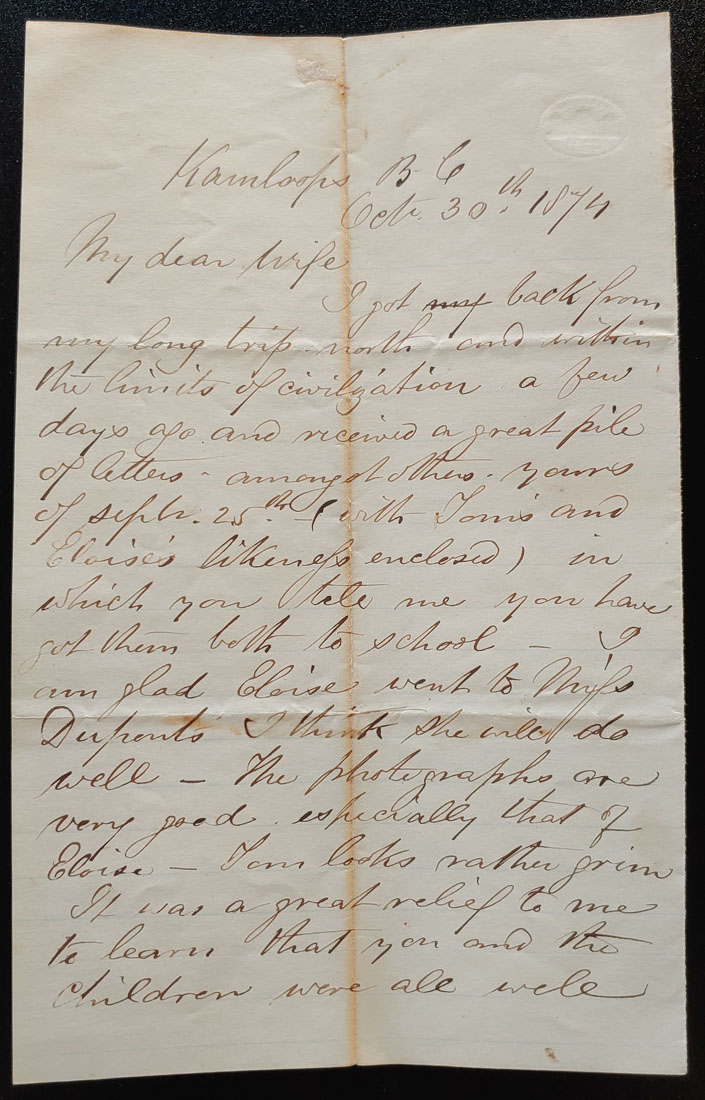 Kamloops, B.C. 30 Oc 1874 Marcus Smith letter to his wife