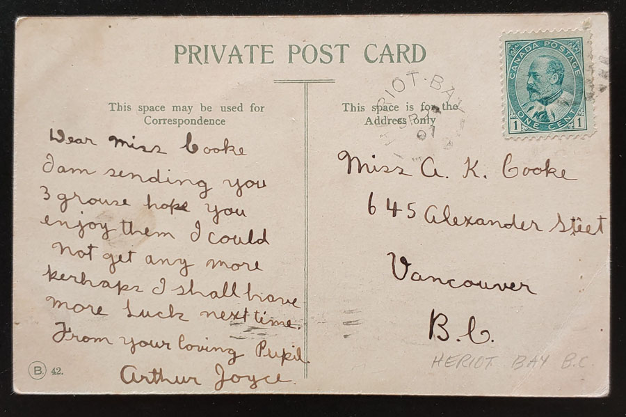 Heriot Bay, B.C. 13 Se 1907 1c Stanley Park Postcard
