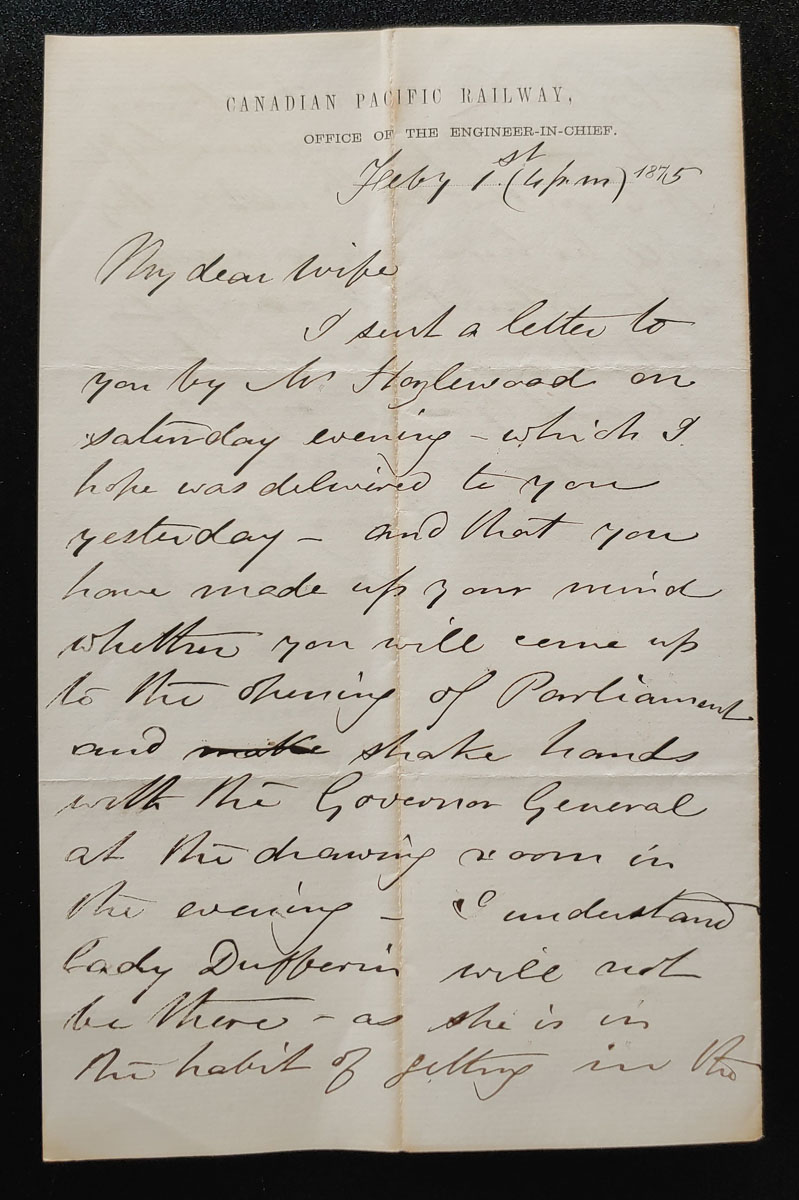Marcus Smith 1 Fe 1875 C.P.R. Engineer 3.5pg letter to his wife