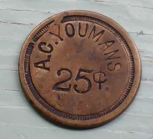B.C. Amos Card Youmans circa 1800 uniface 25 Cents Copper Token