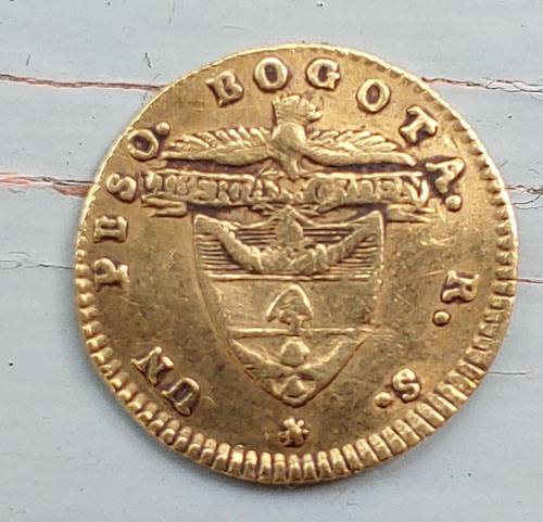 Colombia F/VF 1839 RS Gold Peso some doubling .0475oz AGW