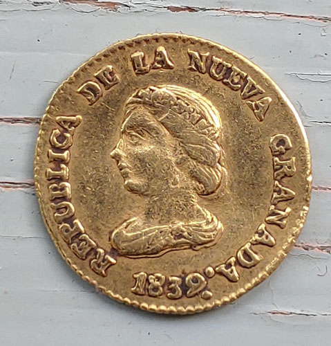 Colombia F/VF 1839 RS Gold Peso some doubling .0475oz AGW