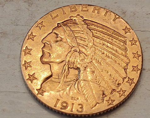 U.S.A. XF 1913S Indian Head $5 Gold Half Eagle .24187oz AGW
