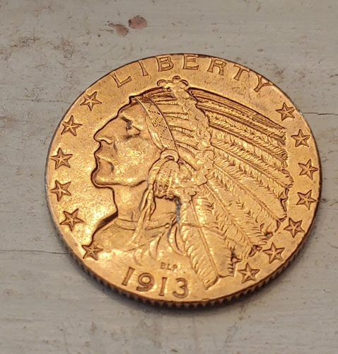 U.S.A. XF 1913S Indian Head $5 Gold Half Eagle .24187oz AGW