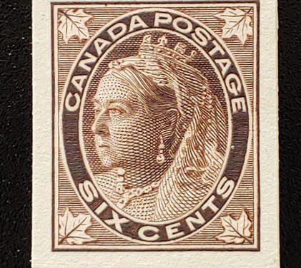 Canada #71P VF 1897 6c QV Leaf Plate Proof on card