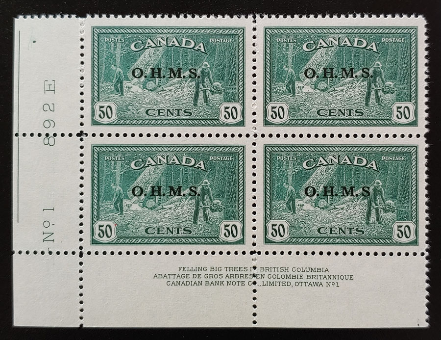 Canada #O9a VF 3 NH LL Plate One Missing Period in Block $2300. (4)