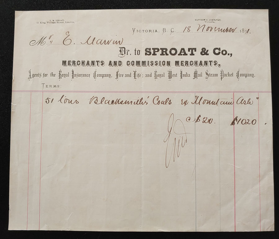 Victoria, B.C. 18 No 1871 Sproat Coal invoice, ex Wellburn