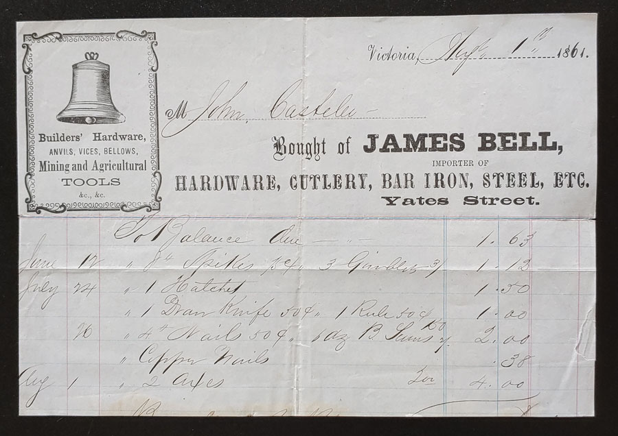 Victoria, V.I. 1 Au 1861 James Bell Mining Tools invoice, ex Wellburn