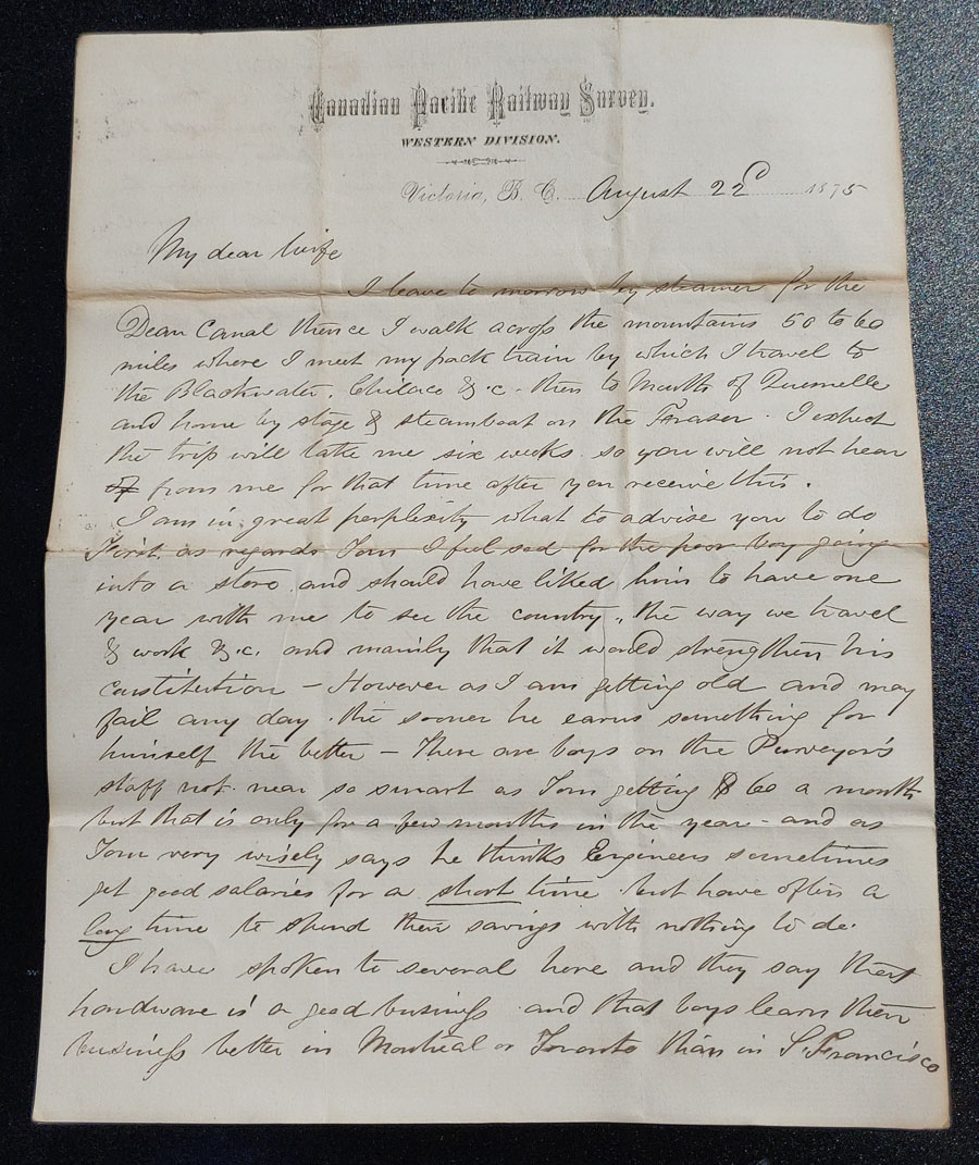 C.P.R. Survey Western Division Victoria 22 Au 1875 4 pg Smith Letter