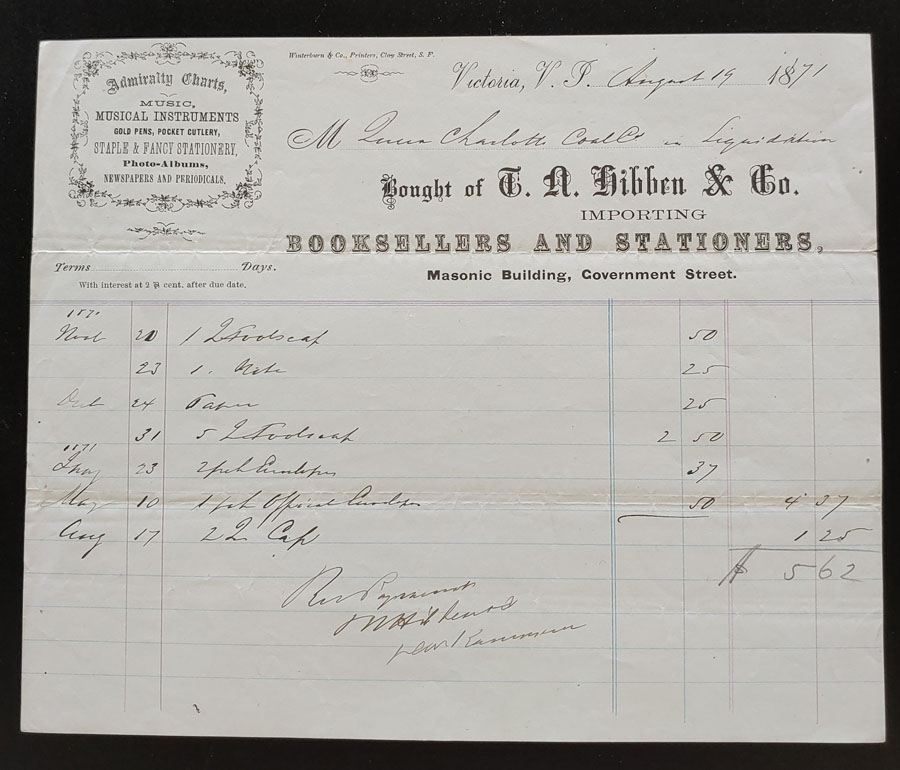 Victoria, V.I. 19 Au 1871 T.N. Hibben Bookseller invoice, ex Wellburn