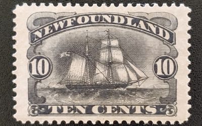 Newfoundland #59 VF Mint 1897 10c Schooner guideline at foot